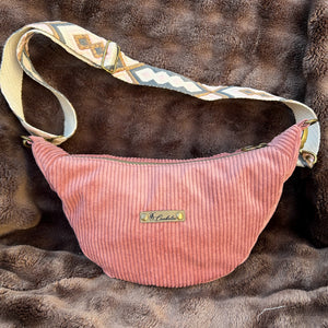Sac demi-lune fait main velours côtelé vieux rose - 3 tailles - image 7