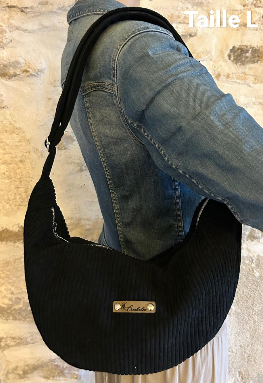 Sac demi-lune fait main velours côtelé NOIR - 3 tailles - image 2