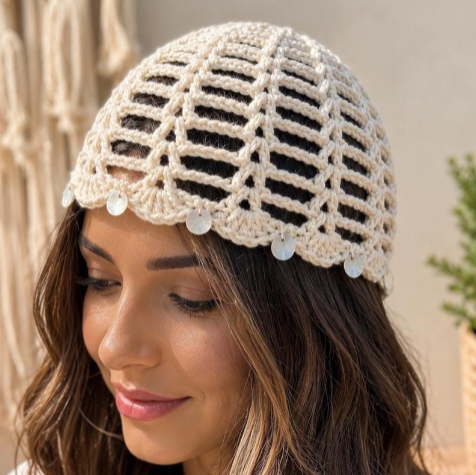 Bonnet crochet femme été fait main écru style bohème