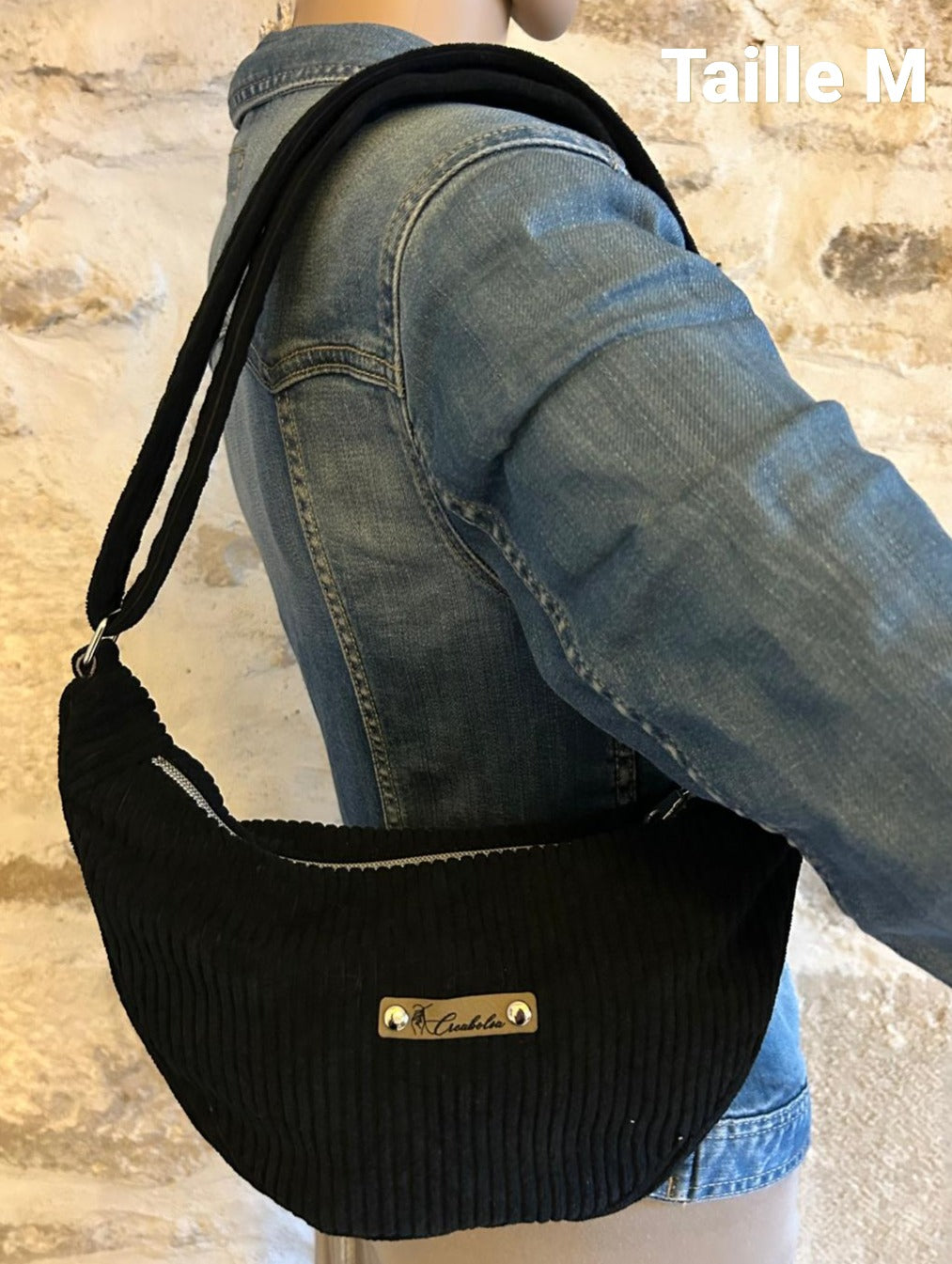 Sac demi-lune fait main velours côtelé NOIR - 3 tailles - image 3