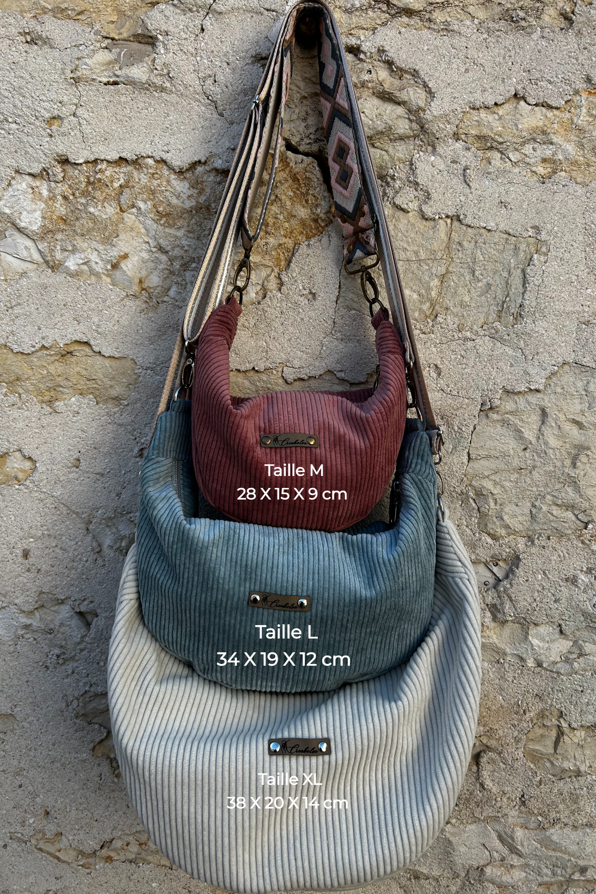 Sac demi-lune fait main velours côtelé vieux rose - 3 tailles - image 11