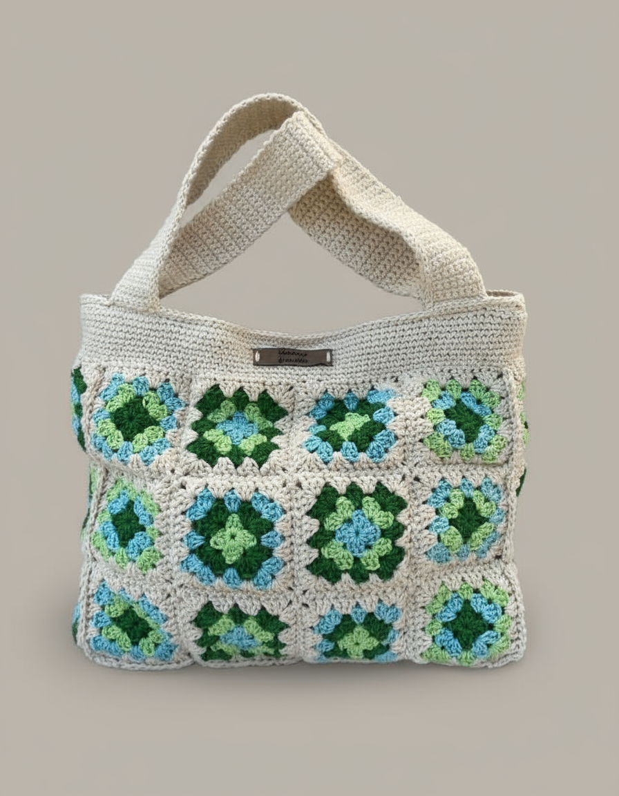 Sac cabas crochet bohème, vert/turquoise