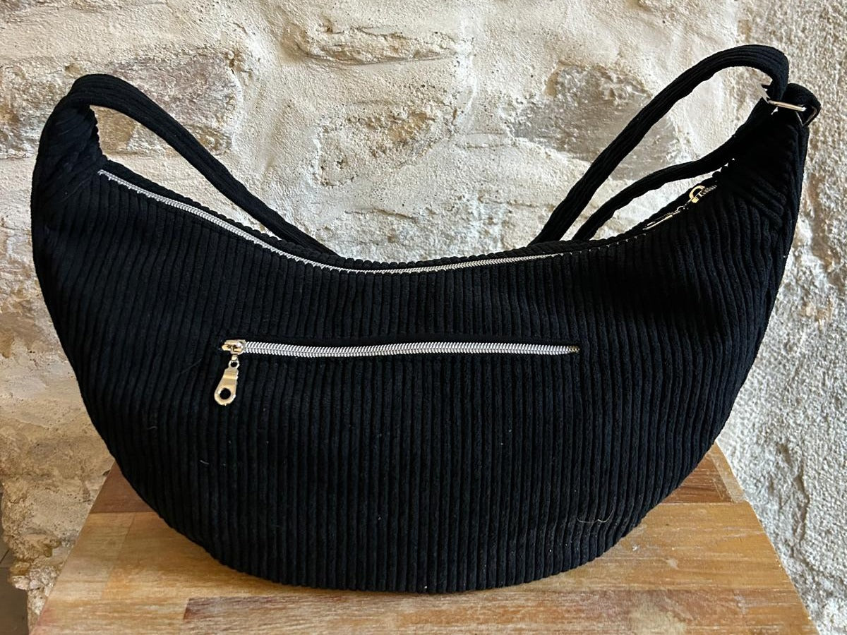 Sac demi-lune fait main velours côtelé NOIR - 3 tailles - image 13