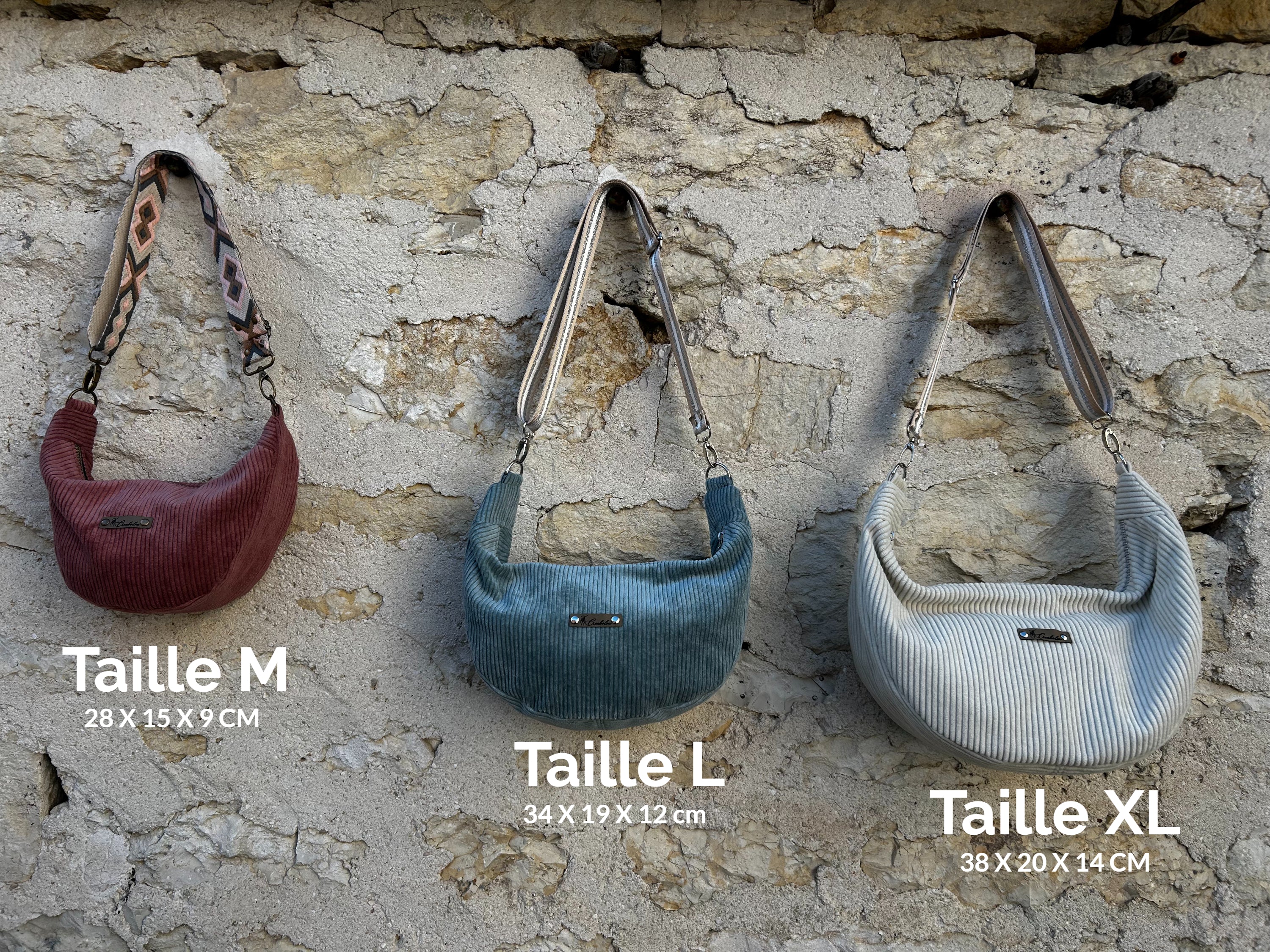Sac demi-lune fait main velours côtelé beige - 3 tailles - image 10
