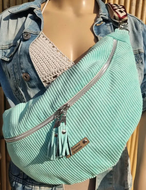 Sac banane velours côtelé vert clair taille XL, sangle amovible et réglable - image 2
