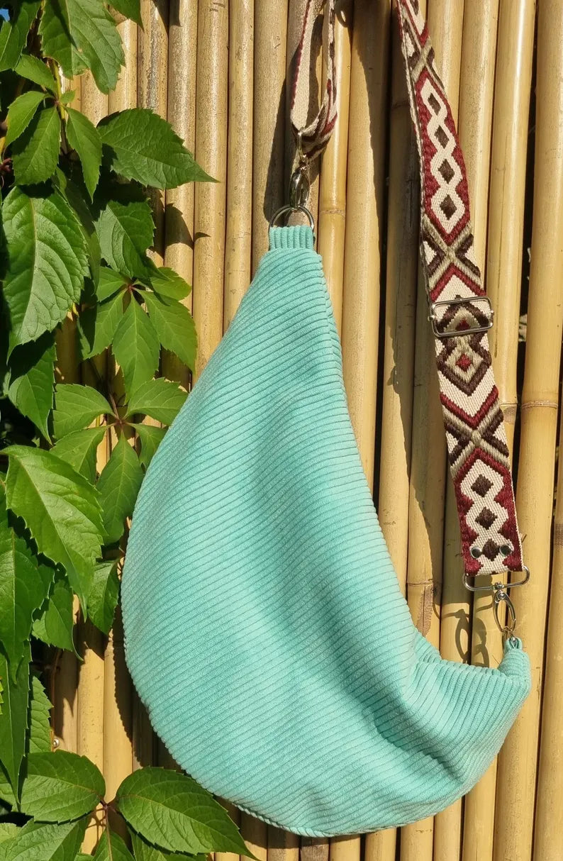 Sac banane velours côtelé vert clair taille XL, sangle amovible et réglable - image 5