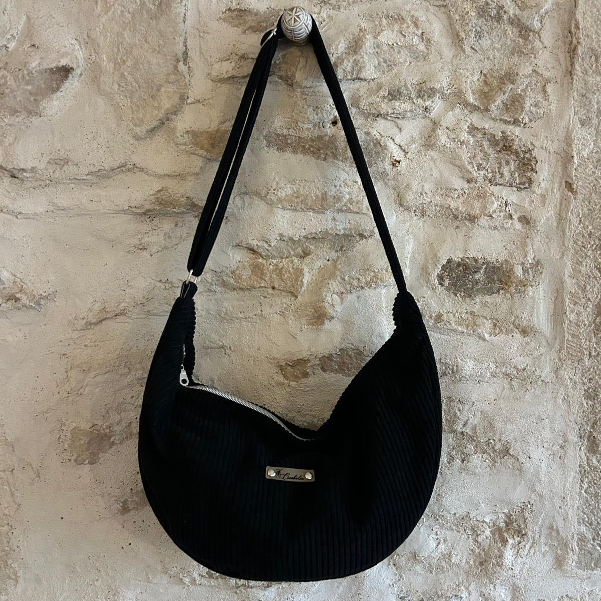 Sac demi-lune fait main velours côtelé NOIR - 3 tailles - image 12