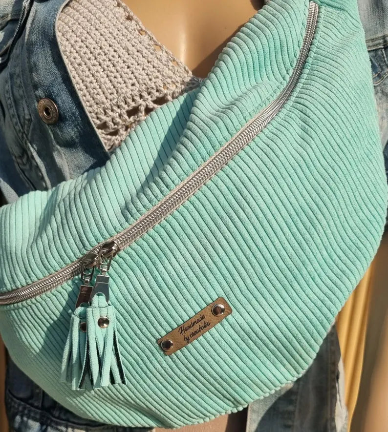 Sac banane velours côtelé vert clair taille XL, sangle amovible et réglable - image 3
