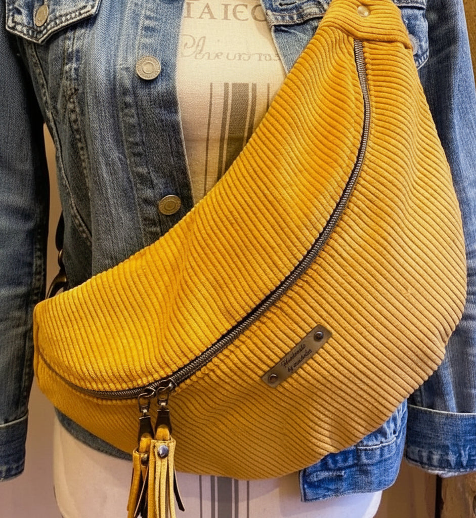 Sac banane fait main en velours côtelé moutarde – création artisanale sur commande - 